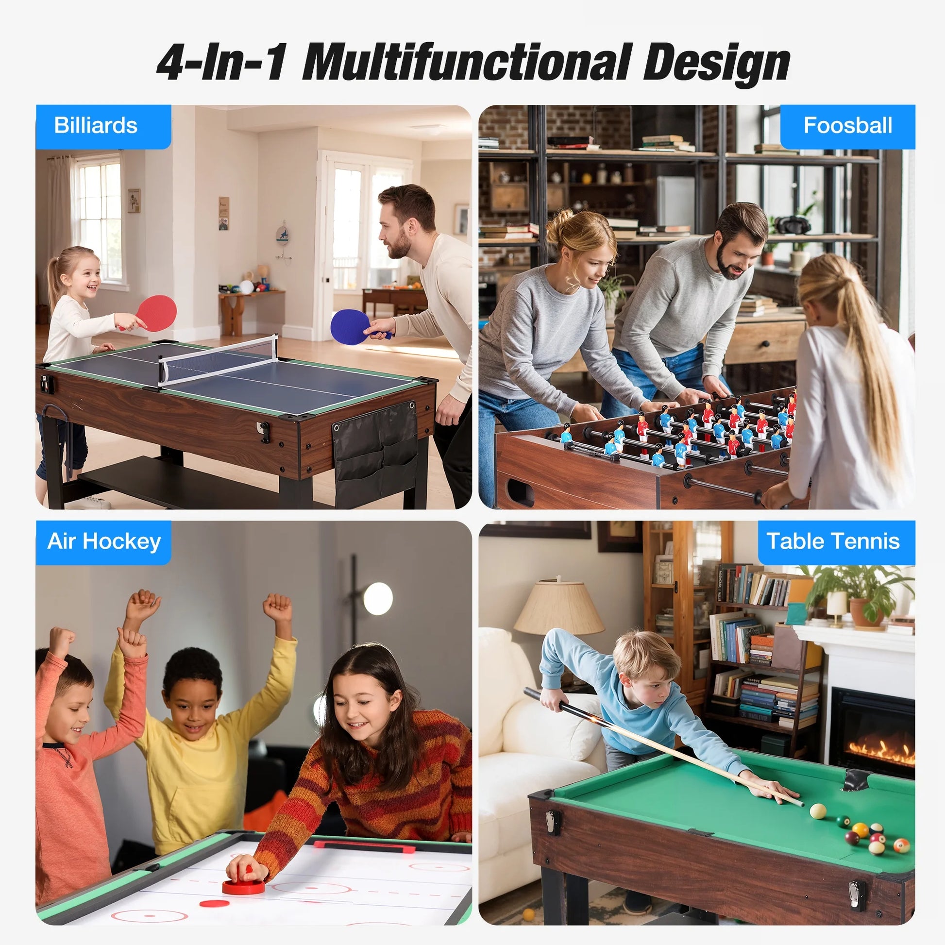 4 in 1 Game Table with Ping Pong, Air Hockey, Foosball, Pool, 48'' Multi Game Table with All Accessories & Storage, Combo Game Table for Adults Kids Family Home Game Room