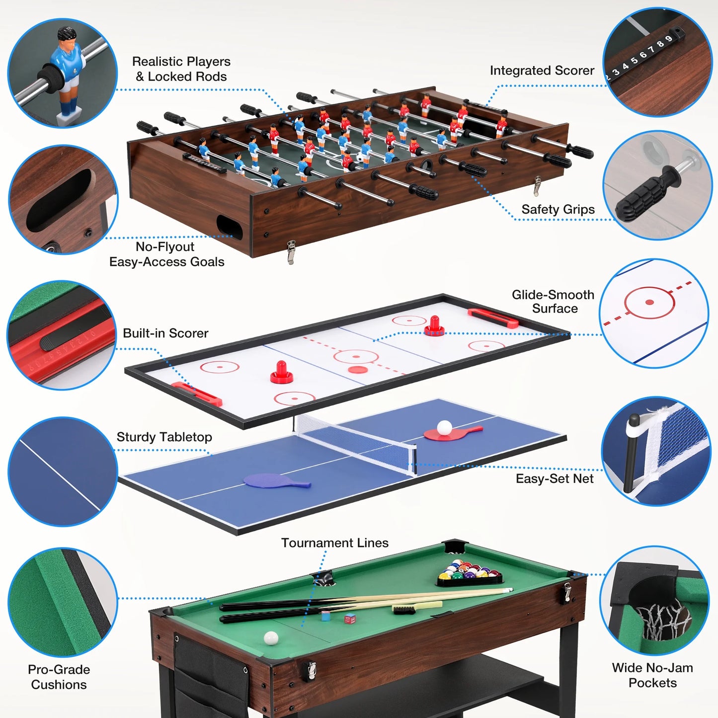 4 in 1 Game Table with Ping Pong, Air Hockey, Foosball, Pool, 48'' Multi Game Table with All Accessories & Storage, Combo Game Table for Adults Kids Family Home Game Room
