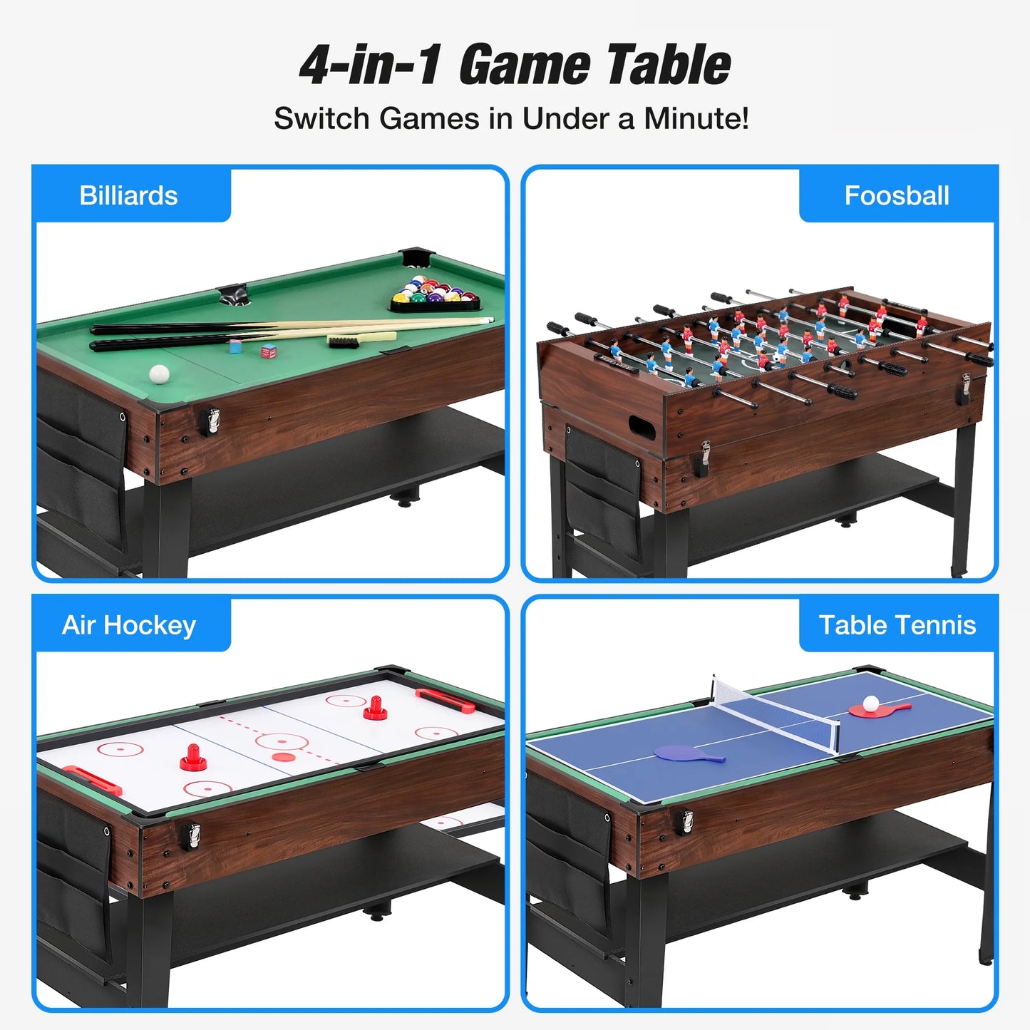 4 in 1 Game Table with Ping Pong, Air Hockey, Foosball, Pool, 48'' Multi Game Table with All Accessories & Storage, Combo Game Table for Adults Kids Family Home Game Room