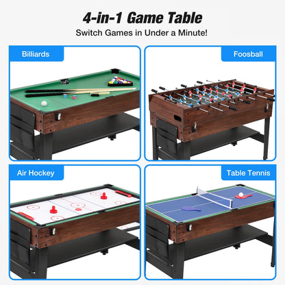 4 in 1 Game Table with Ping Pong, Air Hockey, Foosball, Pool, 48'' Multi Game Table with All Accessories & Storage, Combo Game Table for Adults Kids Family Home Game Room